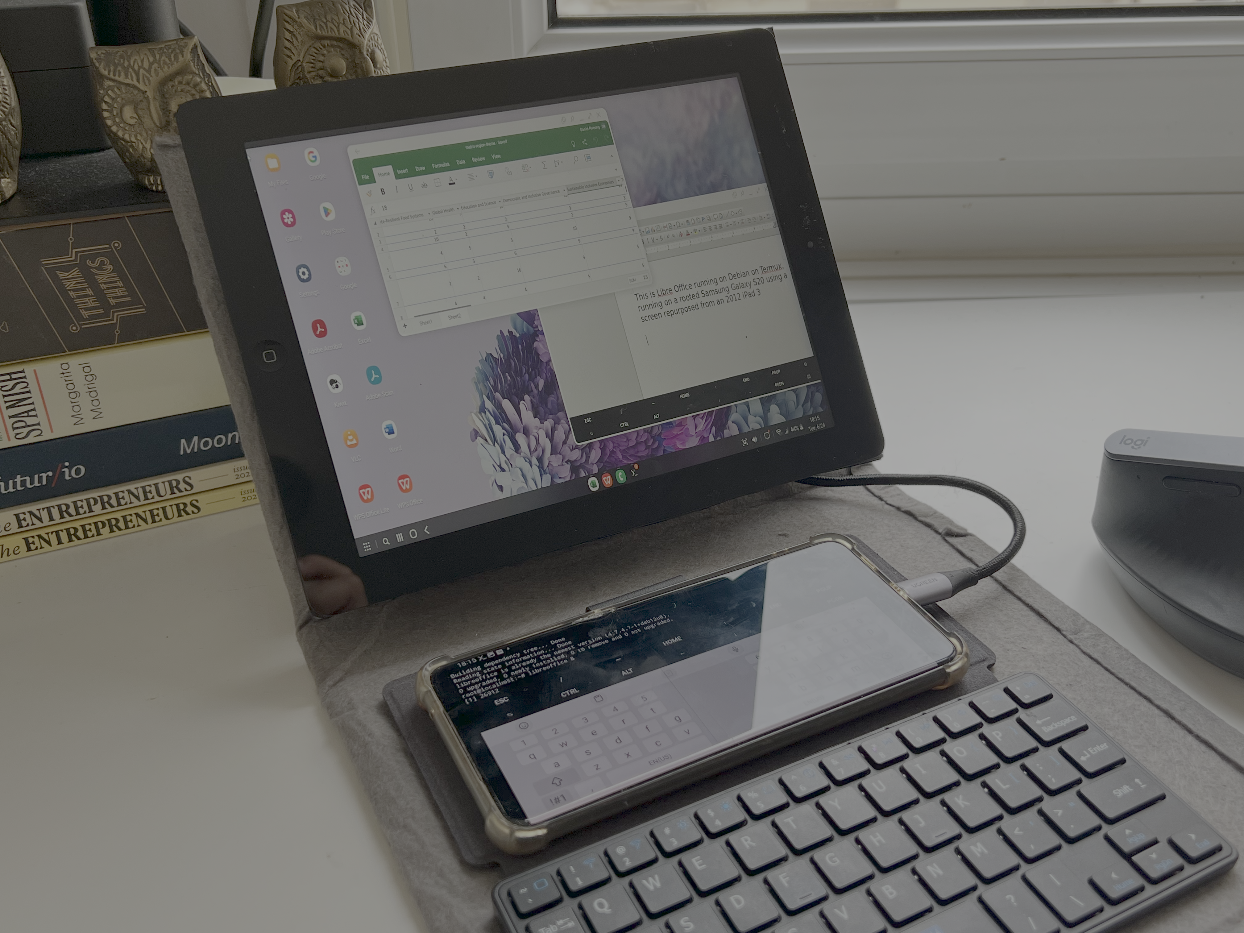 FrankenBook running LibreOffice on Debian via Termux on a rooted Samsung S20 using an iPad 3 screen...